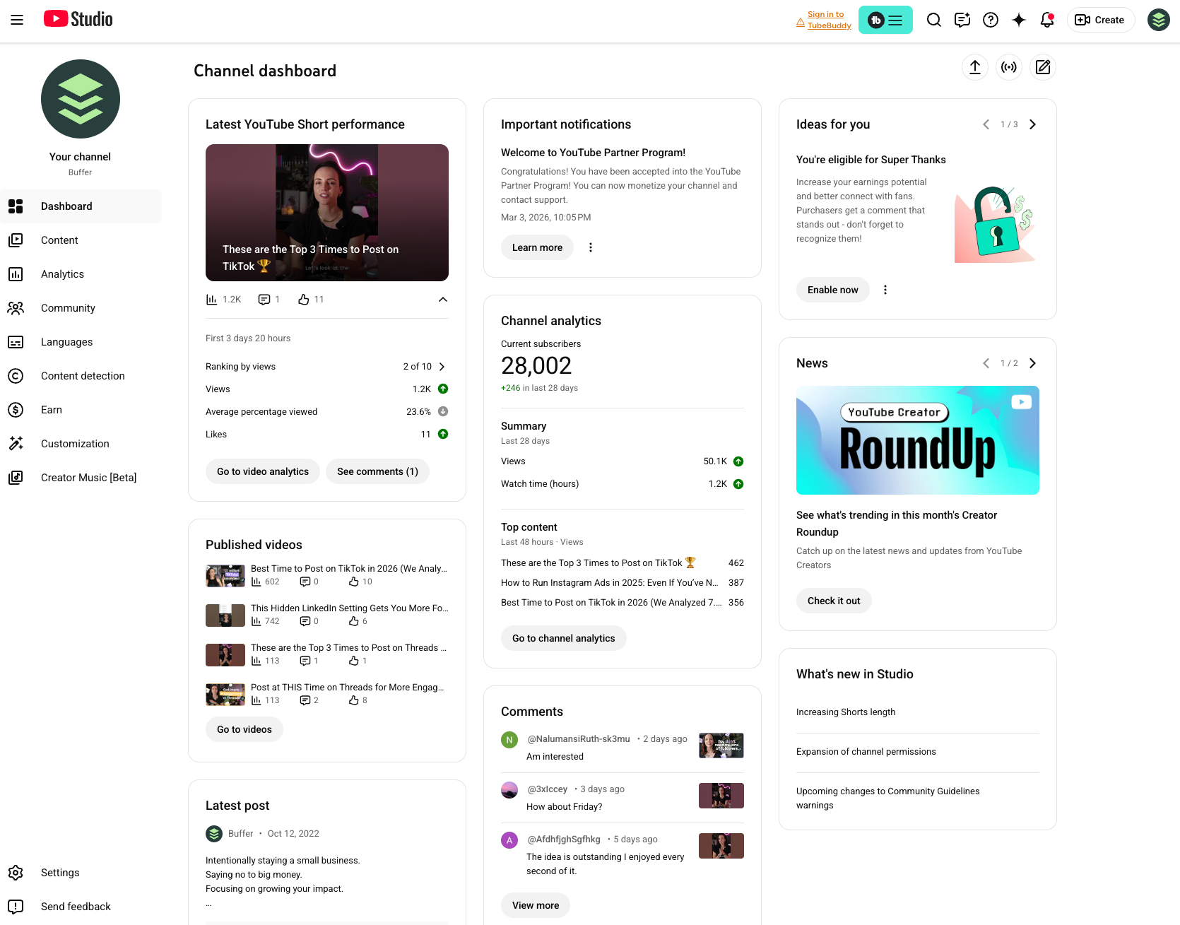 YouTube Studio dashboard showing channel analytics, video performance metrics, and insights used to determine the best time to post on YouTube