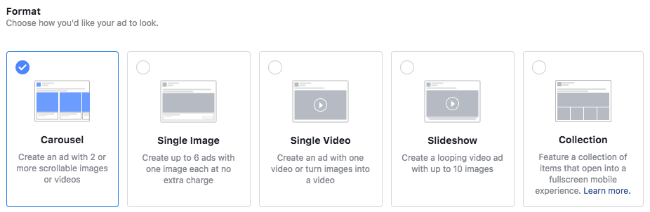 Facebook ad types Facebook ad types: Carousel, single image, single video, slideshow, collection