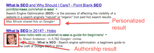 personalized, authorship SERP result