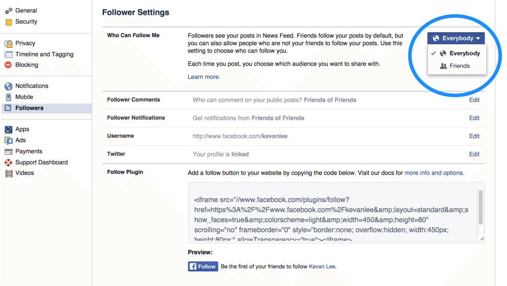 facebook follower settings