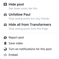 Hide post, unfollow Paul or hide all from Transformers