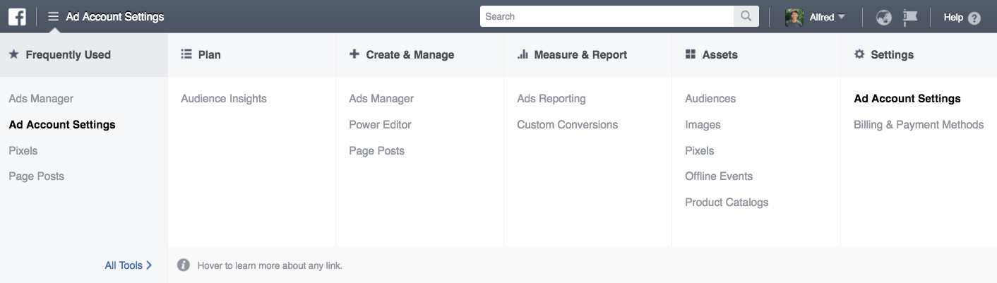 Navigating to ad account settings