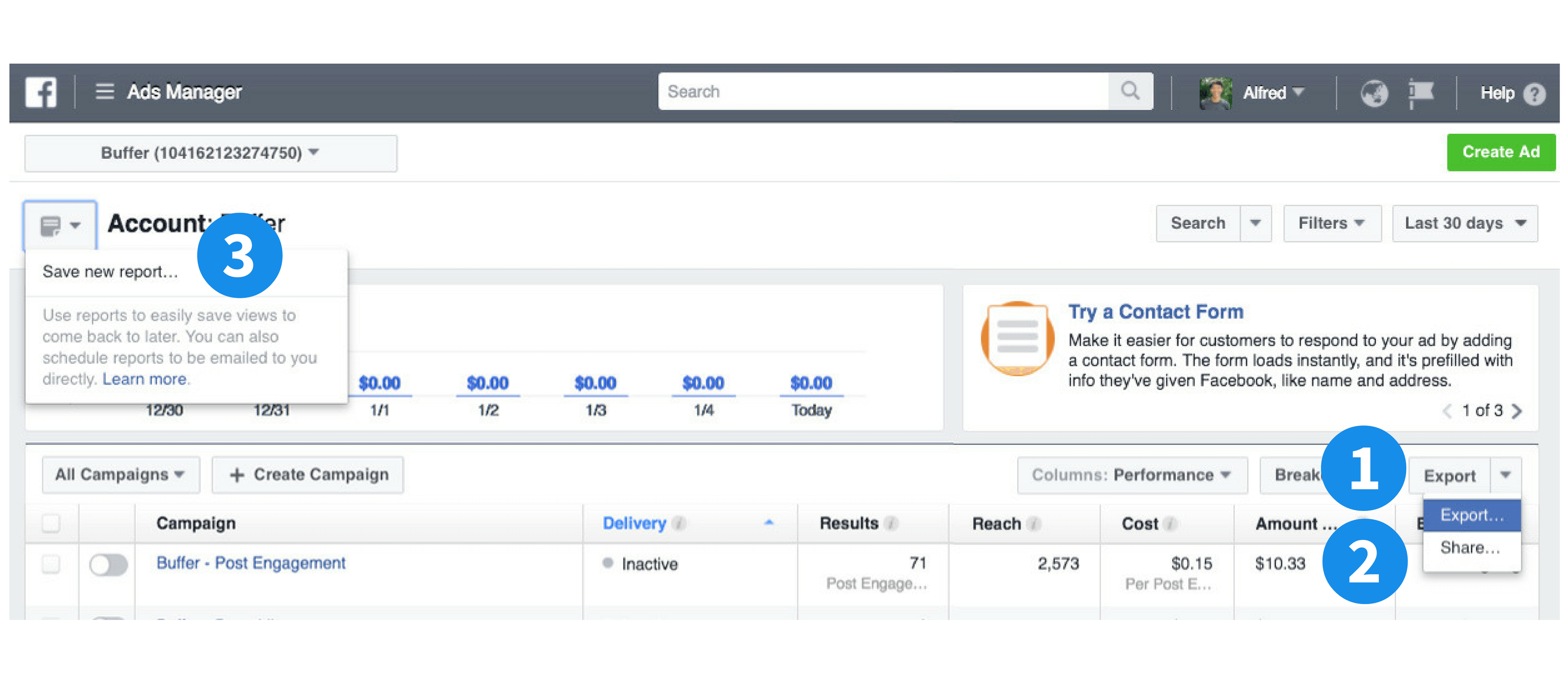 Facebook ads manager export, share, and save