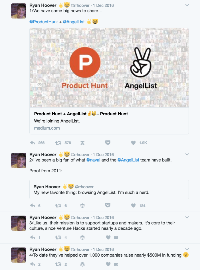Ryan Hoover Tweetstorm about Product Hunt joining AngelList