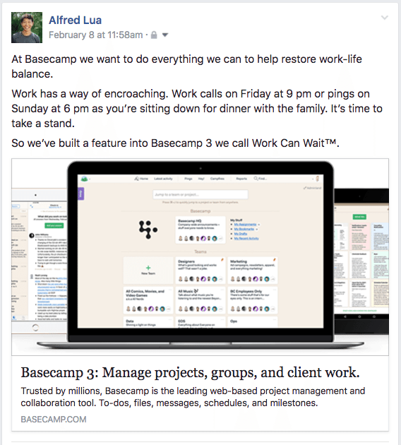 At Basecamp we want to do everything we can to help restore work-life balance. Work has a way of encroaching. Work calls on Friday at 9 pm or pings on Sunday at 6 pm as you’re sitting down for dinner with the family. It’s time to take a stand. So we’ve built a feature into Basecamp 3 we call Work Can Wait™.