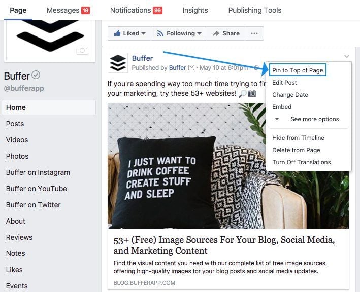 Pin Facebook Post to Top of Page