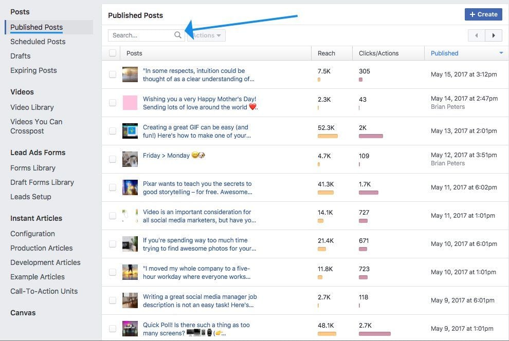Search Published Posts in Facebook
