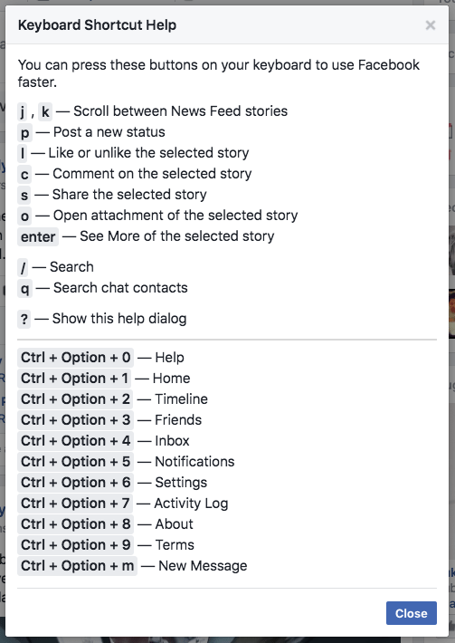 Facebook keyboard shortcuts