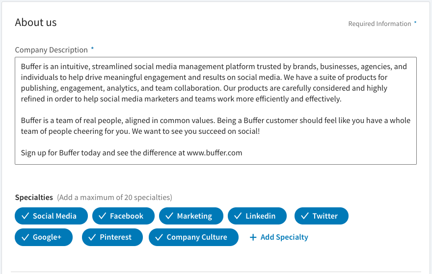 LinkedIn Company Page - keywords