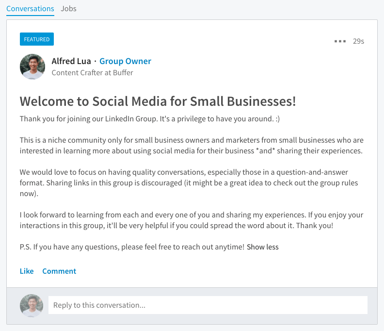 LinkedIn Group featured post
