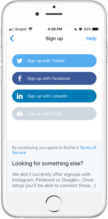 Buffer mobile app signup step 2