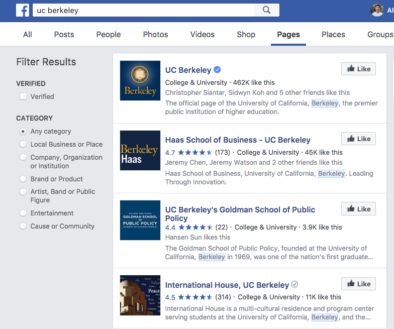 UC Berkeley Facebook Pages