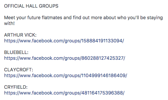 University of Warwick Hall Facebook Groups