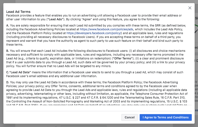 Facebook lead ads terms