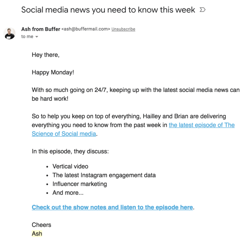 Buffer Podcast Email Example