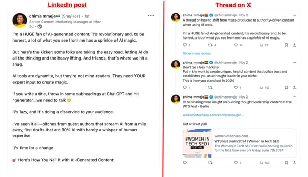 A slight tweak of hook and structure turns a LinkedIn post into a thread on X