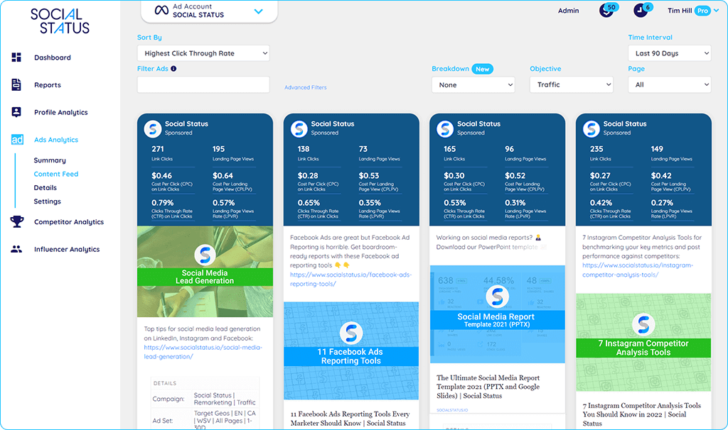 Social Status analytics dashboard displaying ad performance metrics, click-through rates, and campaign insights, showing how social media analytics tools track advertising results and engagement.