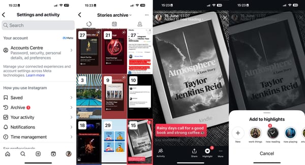 A collage of four smartphone screenshots showing steps in Instagram to save a Story to Highlights