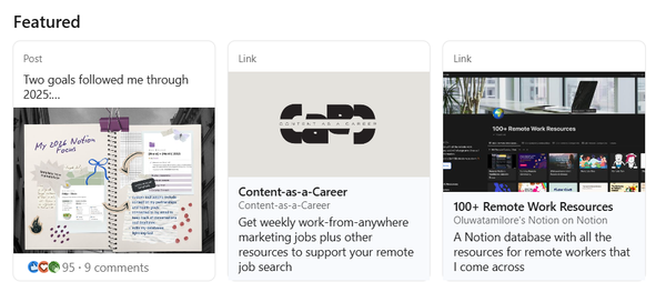 LinkedIn Featured section displaying highlighted posts and resource links, showing how to showcase content strategically to increase LinkedIn followers through profile optimization.