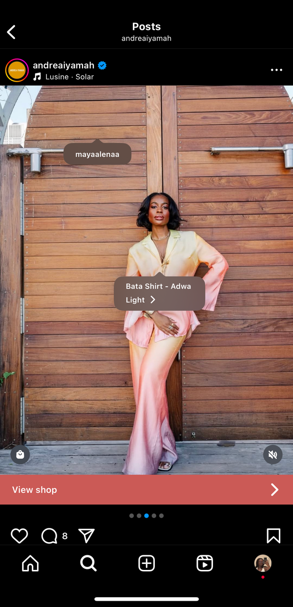 Instagram shoppable post featuring a fashion model wearing a pastel outfit with product tag and View shop button, showing how to use instagram for business to sell products directly.