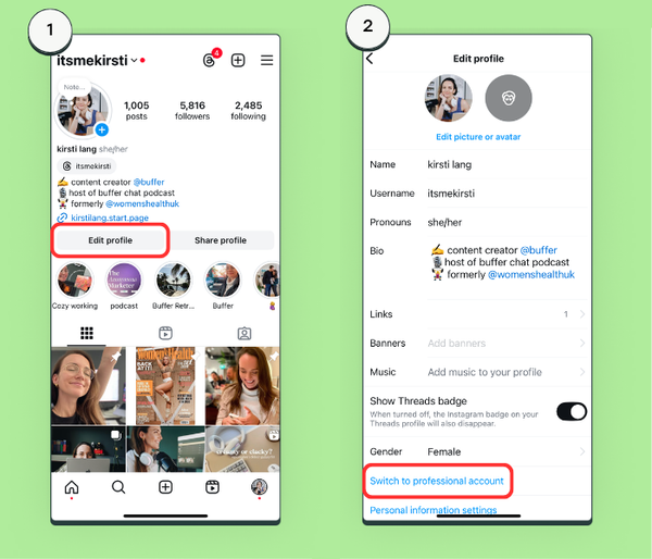 Side-by-side Instagram screens showing Edit Profile and Switch to professional account steps, illustrating how to use instagram for business by converting a personal profile.