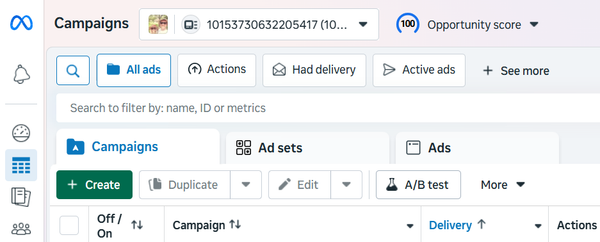Meta Ads Manager campaign dashboard showing create, ad sets, and ads tabs, demonstrating how to advertise on Facebook using campaign management tools.