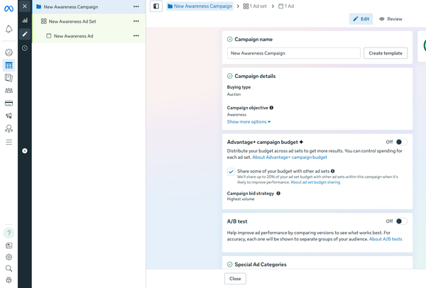 Meta Ads Manager campaign setup screen showing awareness objective, budget options, and A/B testing tools for how to advertise on Facebook effectively.