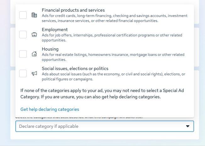 Meta Ads Manager Special Ad Categories selection screen for finance, employment, housing, and politics, explaining compliance steps for how to advertise on Facebook.