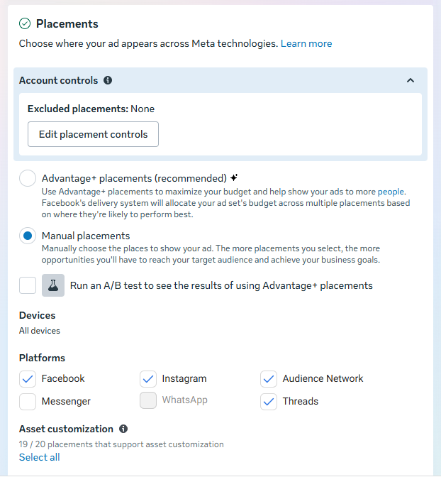Meta Ads Manager placements settings showing manual placements across Facebook, Instagram, Messenger, and Audience Network for how to advertise on Facebook effectively.