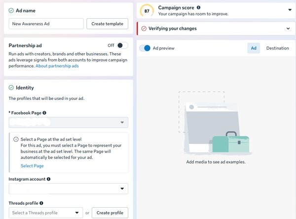 Meta Ads Manager ad creation screen showing ad name, identity settings, Facebook Page selection, and preview panel for how to advertise on Facebook effectively.