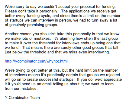 Y Combinator rejection letter