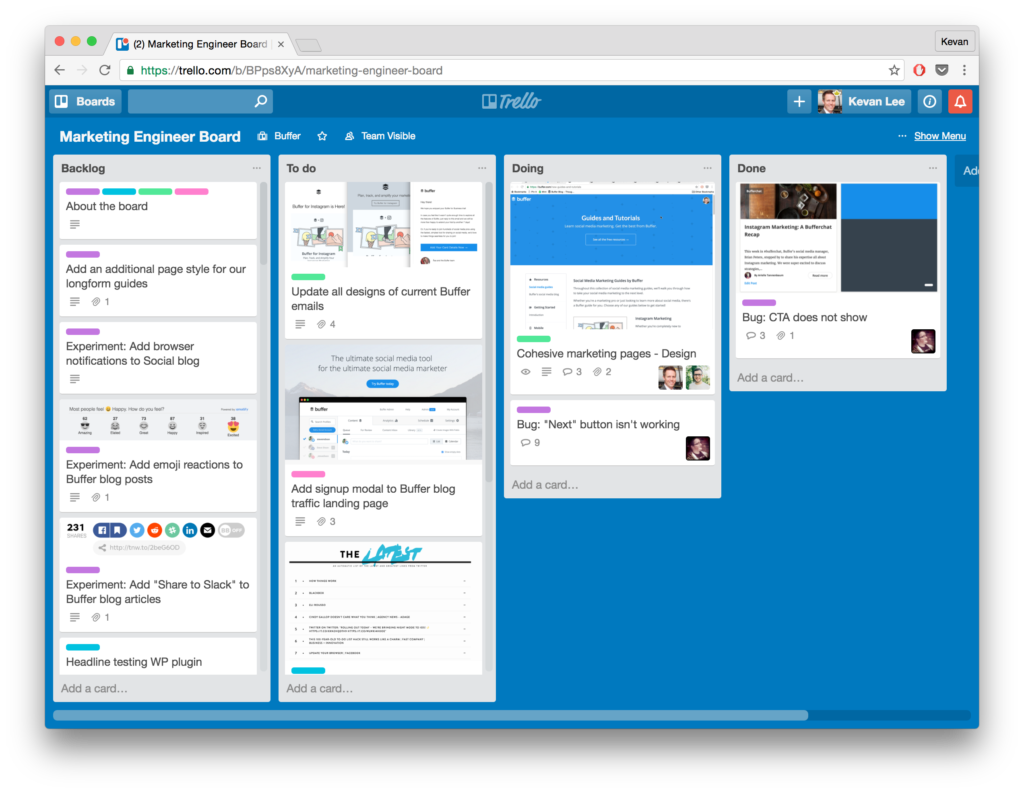 Marketing Engineer Trello board