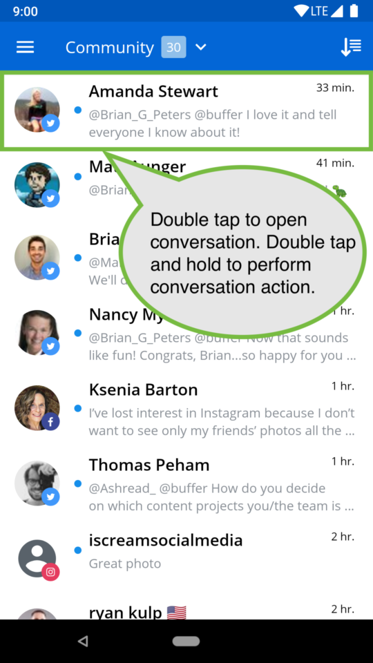 screen showing text "double tap to open conversation. double press and hold to perform conversation action"