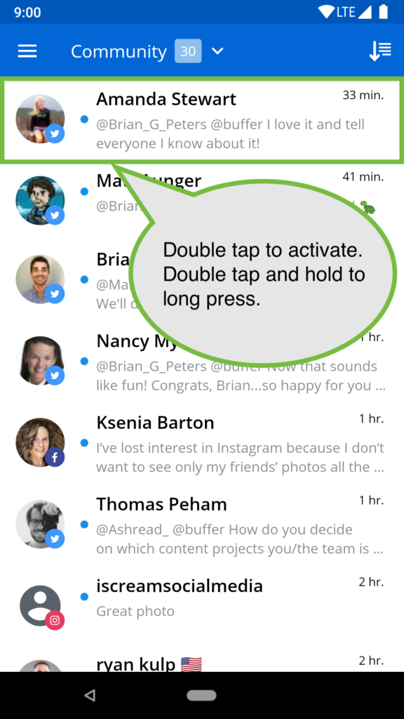 Screen with text "double tap to activate, double tap and hold to long press"