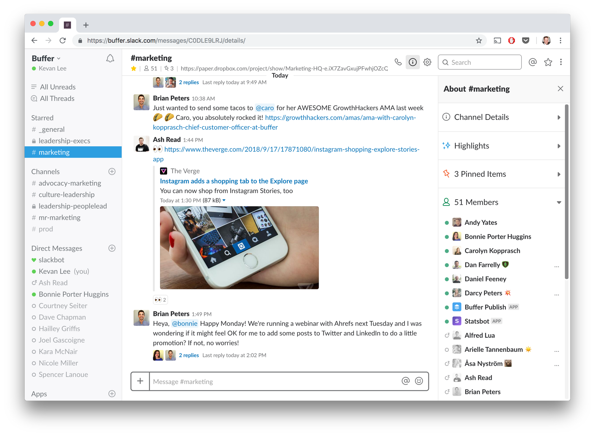 Buffer marketing slack channel