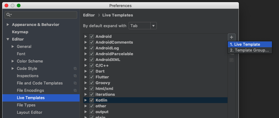 Preferences screen with add live template selected