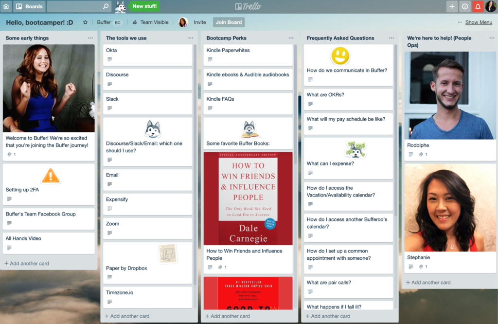 Photo of a Trello board with onboarding info