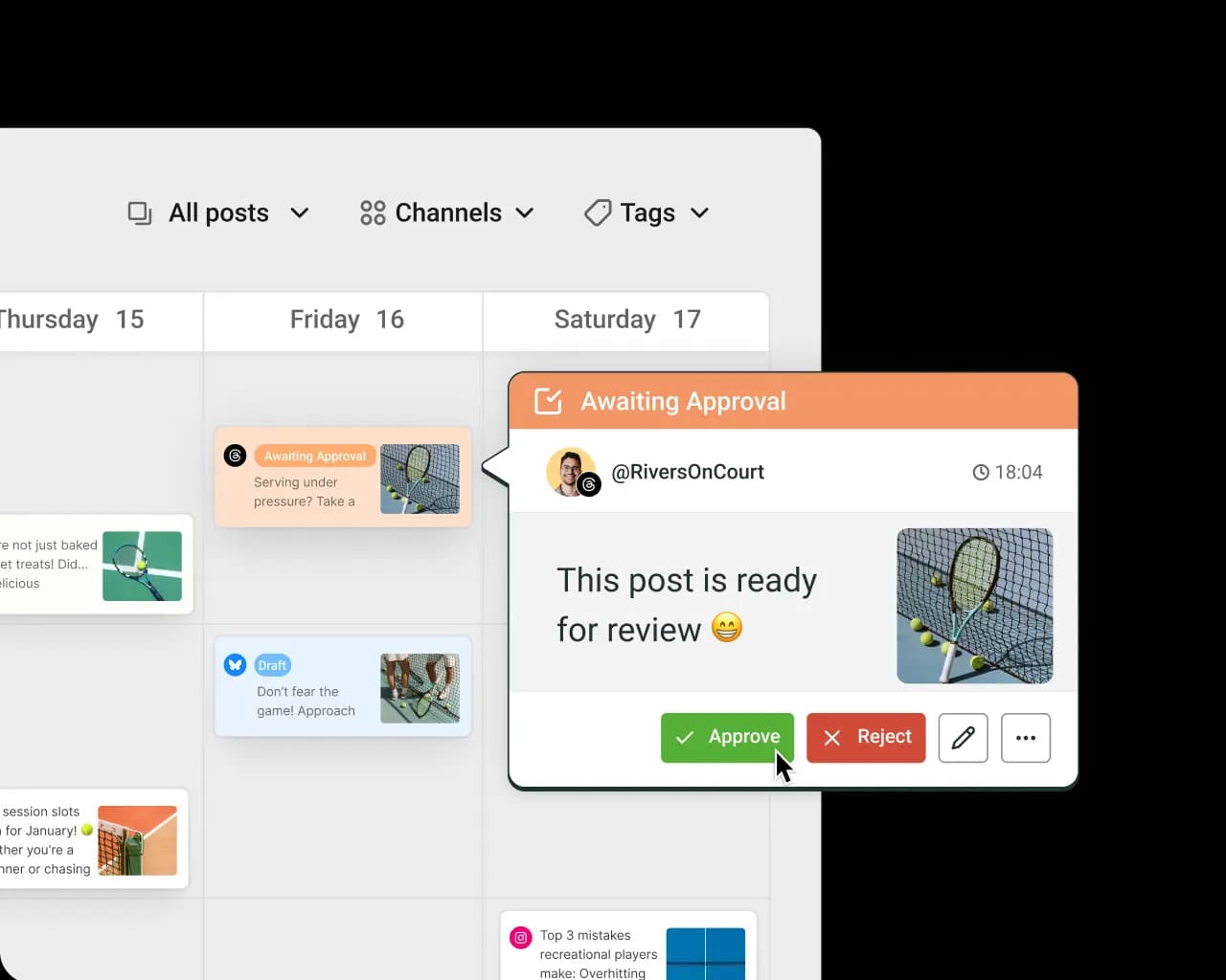 Buffer Collaborate space with a publishing calendar and team approval workflows.