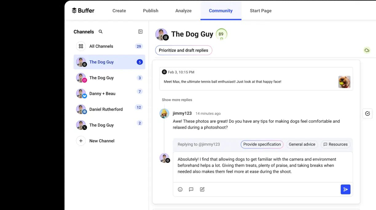 Buffer Community space with filterable and sortable comments across multiple social media accounts.
